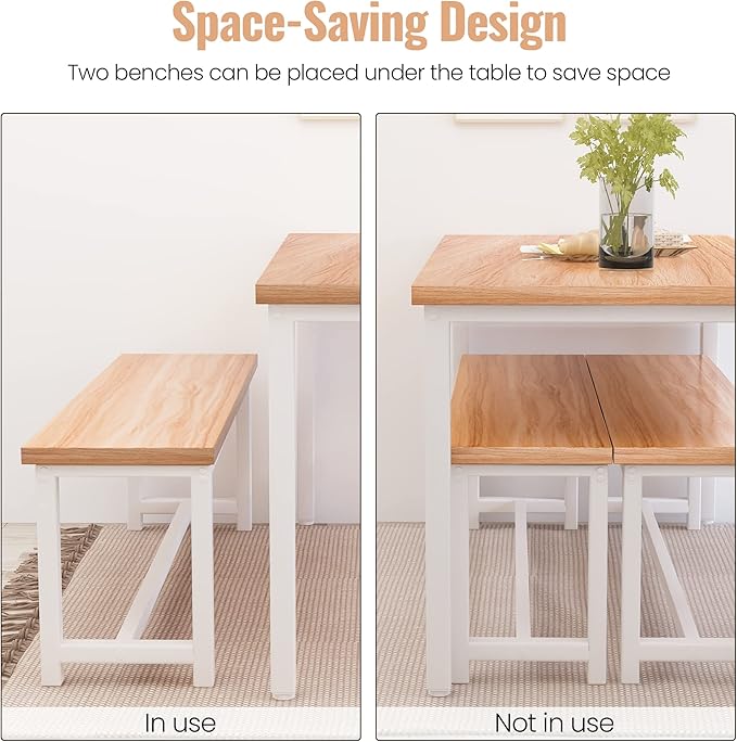 Recaceik Dining Table Set with Bench, 3 Pieces Dining Furniture Set Kitchen Table Set Sturdy Structure Space-Saving Dinette for Kitchen, Dining Room Breakfast Nook, Living Room, Beige