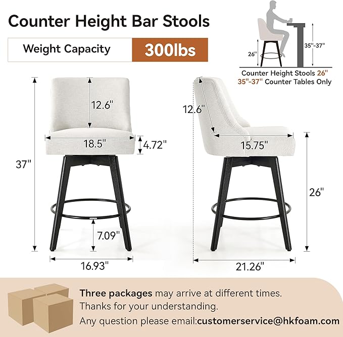 Counter Height Bar Stools Set of 6, Swivel Barstools with Backs and Wood Legs, Linen Fabric Upholstered Counter Stools for Kitchend Island, Mid-Century Modern 26" Seat Height Bar Chairs, Cream