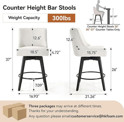 Counter Height Bar Stools Set of 6, Swivel Barstools with Backs and Wood Legs, Linen Fabric Upholstered Counter Stools for Kitchend Island, Mid-Century Modern 26" Seat Height Bar Chairs, Cream