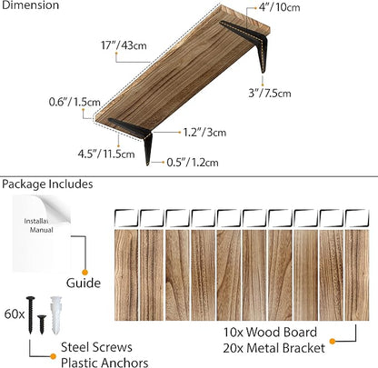 Wallniture Arras Wood Floating Shelves for Wall Storage, Small Bookshelf, Hanging Book Shelves for Living Room, Bedroom, Office, Burnt Finish, Set of 10 (Burnt)