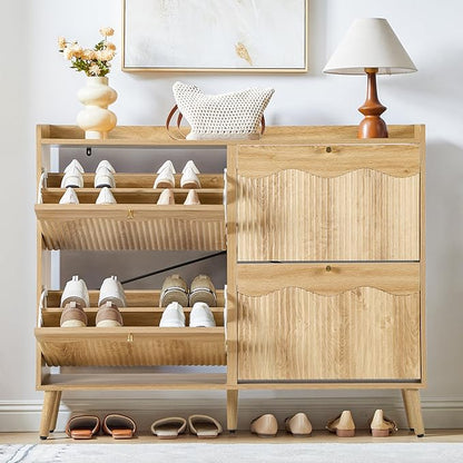 BERRYMERRY 47.2” Shoe Storage Cabinet for Entryway with 4 Flip Drawers, Narrow Shoe Organizer with Wave&Fluted Panel, Freestanding Wood Hidden Shoe Cabinet for Hallway
