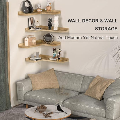4 Tier Corner Floating Shelves Set of 4, Rustic Pine Wood Corner Shelves for Wall Storage and Decor, L-Shaped Corner Wall Mounted Shelf for Bedroom, Living Room, Bathroom, Kitchen - Carbonized Black