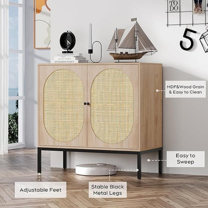 Brafab Set of 2 Rattan Cabinet with Storage, Accent Sideboard Credenza Console Buffet Table, for Living Room, Entryway, Dining Room/Oval Doors/Natural
