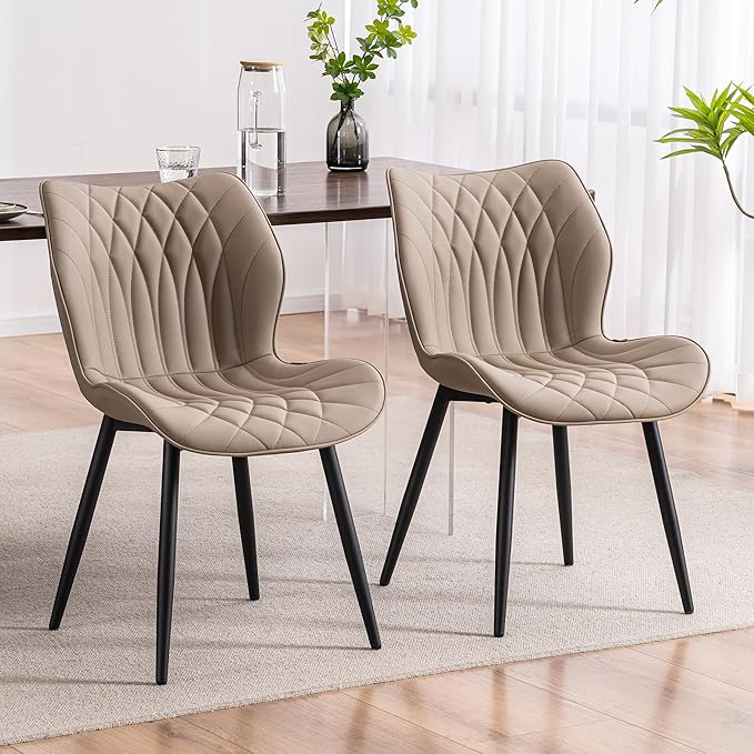Kidol & Shellder Dining Chairs Set of 2, PU Leather Upholstered Kitchen Chairs with Back Armless, Mid Century Modern Side Chair for Dining Room, Living Room, Lounge, Restaurant, Khaki