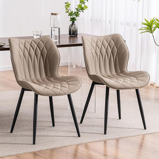 Kidol & Shellder Dining Chairs Set of 2, PU Leather Upholstered Kitchen Chairs with Back Armless, Mid Century Modern Side Chair for Dining Room, Living Room, Lounge, Restaurant, Khaki