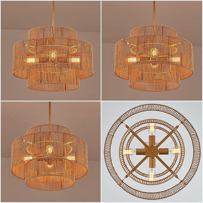 24” Boho Hand Woven Rattan Chandelier 3 Round Adjustable 4-Light Large Pendant Light for Kitchen Island Dining Room Living Room Hallway, Brass, UL Listed