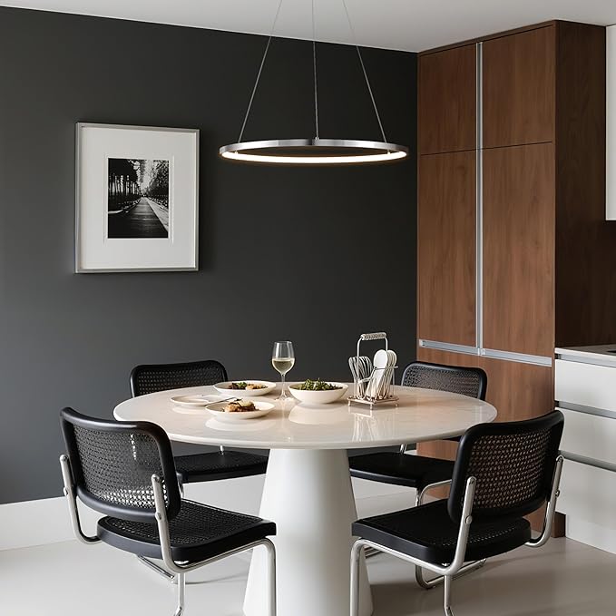 JONATHAN Y 23.75" Chrome Modern Integrated LED Pendant Light, Dimmable Round Hoop Chandelier for Kitchen Island, Dining Room, Adjustable Height Metal Hanging Light (JYL7203C)