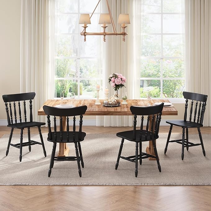 chairus Vintage Black Dining Chairs Set of 6, Farmhouse Windsor Wooden Dining Room Chairs with Turned Spindle Back & Legs, Traditional Colonial Armless Side Kitchen Chairs