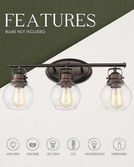 Farmhouse Bathroom Vanity Light, 3-Light Wall Mounted Vanity Lighting Fixture Over Mirror, Metal Frame with Globe Clear Glass, Oil Rubbed Bronze, AD-2148-3W