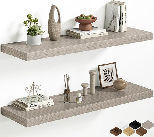 40 Inch Floating Shelves, 12 Inch Deep Wall Shelves, 40 x 12 Floating Shelf Set of 2, Rustic Gray Wood Floating Shelf Wall Mounted, Large Kitchen Living Room Bedroom Bathroom Storage Shelves