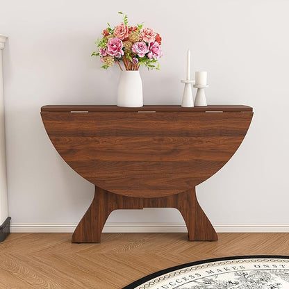 GDFStudio 43" Folding Dining Table for Small Spaces, Round Wood Kitchen Table with Walnut Veneer, Space-Saving Foldable Table for Indoor & Outdoor Use, French Country & Beach Style