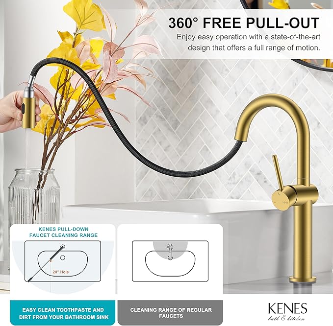 KENES Brushed Gold Tall Bathroom Faucets with Pull Down Sprayer, High Vessel Sink Faucet with Pull Out Sprayer, Single Handle Vanity Faucet 1 Hole with Pop Up Drain & Supply Lines, LJ-9065A-4