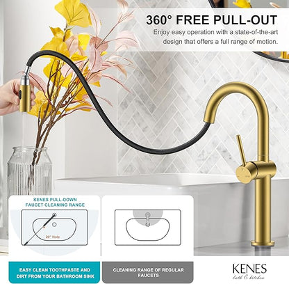 KENES Brushed Gold Tall Bathroom Faucets with Pull Down Sprayer, High Vessel Sink Faucet with Pull Out Sprayer, Single Handle Vanity Faucet 1 Hole with Pop Up Drain & Supply Lines, LJ-9065A-4