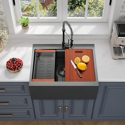 Rhbamoa Black Farmhouse Sink,Black Stainless Steel Drop in Farmhouse Sinks,Small Topmount Workstation Sinks,26 inch Single Bowl Apron Front Kitchen Farm Sink with All Accessories