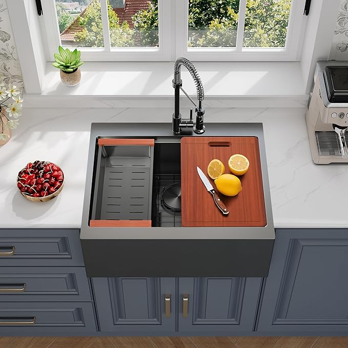 Rhbamoa Black Farmhouse Sink 28 inch,16 Gauge T304 Stainless Steel Drop in Farm Sinks,Black Single Bowl Apron Front Kitchen Farm Sink,Deep Topmount Workstation Sinks with All Accessories