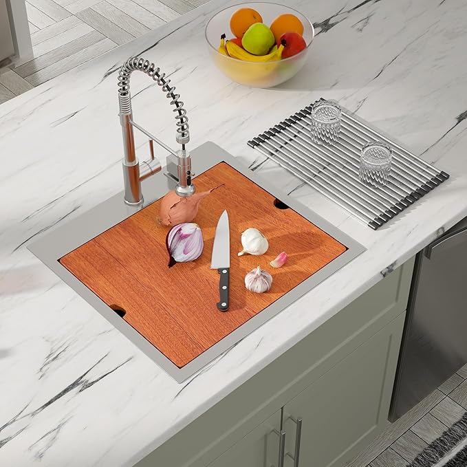 Dcolora 21 Inch Drop-In Kitchen Sink Workstation, 16 Gauge Stainless Steel Topmount Single Bowl Sink with Full-Cover Cutting Board, Grid & Drying Rack, Deep Bar/Utility Sink, 21"x20"x10", #DC-T7756