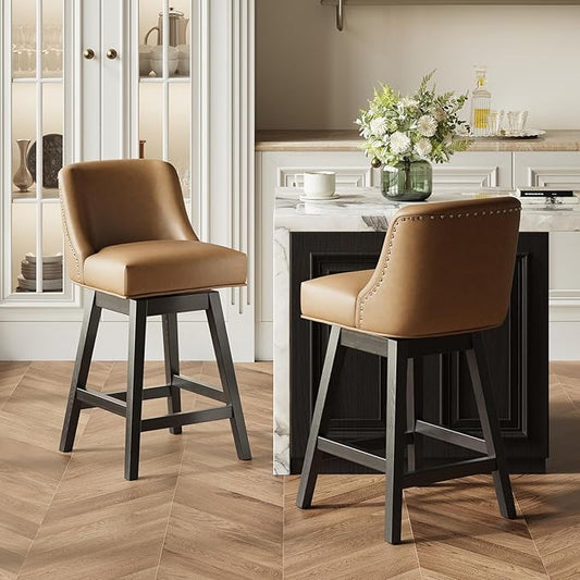 MALOL Swivel Bar Stools Set of 2, 27" Counter Height Kitchen Stools with Padded Seats and Solid Wood Legs, Leather Barstools for Kitchen Island, Breakfast Nook (Brown)