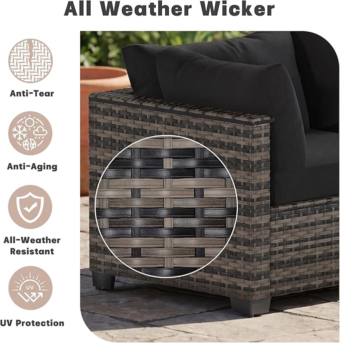 Patio Furniture Set, 7-Piece Outdoor Sectional Couch with Coffee Table & Thick Cushions, Outdoor Wicker Conversation Set for Backyard, Poolside, Garden (White-Black, 7 Piece-Single)
