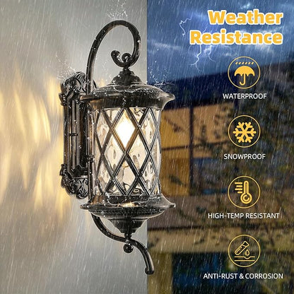 NLIEOPDA Retro Large Outdoor Wall Lanterns 24" Exterior Light Fixtures Coach Light Waterproof Aluminium with Water Glass Outside Wall Lamps for House Front Door Garage Porch Lighting, Black