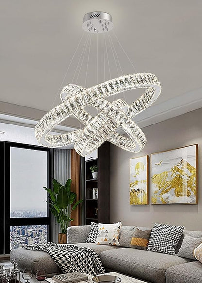 3 Rings Crystal Chandeliers 32"+24"+16" Crystal Ceiling Light Fixture Pendant Lighting Hanging Lamp for Living Room LED Dimmable 3000-6000K