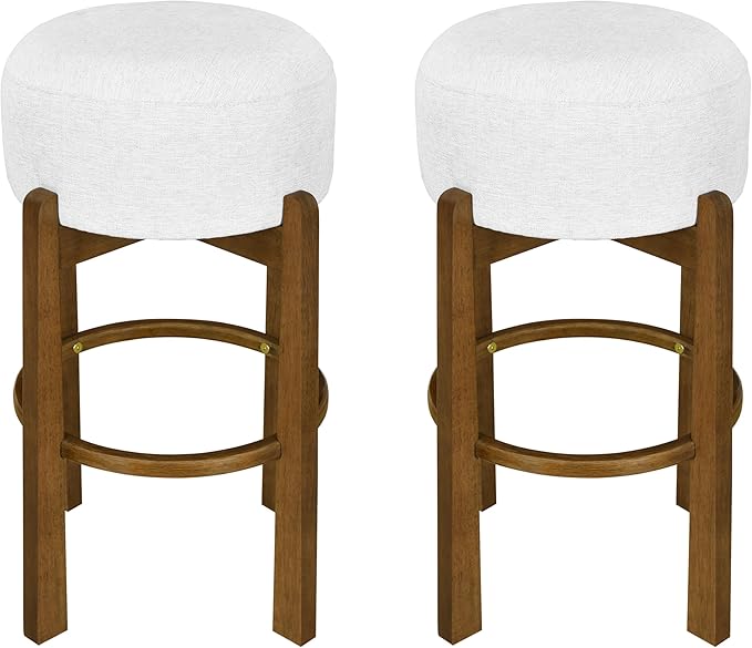 Set of 2 Bar Stools for Kitchen Island, Solid Rubberwood Counter Height Chairs with Dark Walnut Frame & Ivory Cushion, Mid-Century Modern Indoor Dining Stools with Footrest (2, Dark Walnut)