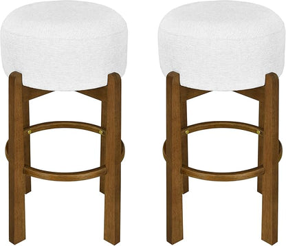 Set of 2 Bar Stools for Kitchen Island, Solid Rubberwood Counter Height Chairs with Dark Walnut Frame & Ivory Cushion, Mid-Century Modern Indoor Dining Stools with Footrest (2, Dark Walnut)