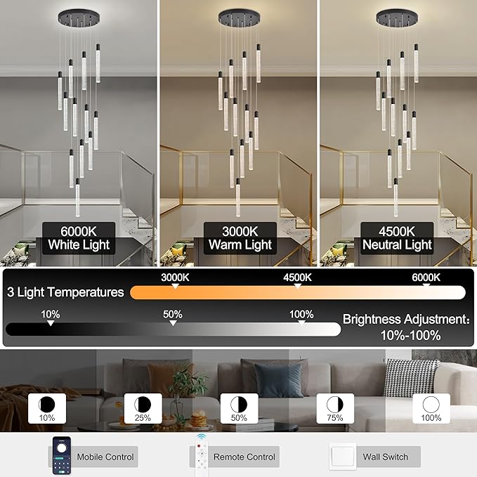 12-Lights Bubble Chandelier for Entryway High Ceiling-137 Height Adjustable Crystal Chandelier,3 Color Temperature Dimmable LED Pendant Light Fixture for Foyer Living Room Staircase,Matte Black