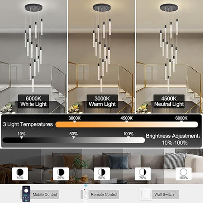 12-Lights Bubble Chandelier for Entryway High Ceiling-137 Height Adjustable Crystal Chandelier,3 Color Temperature Dimmable LED Pendant Light Fixture for Foyer Living Room Staircase,Matte Black