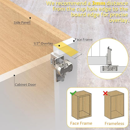 Onemake 60 Pack 1/2" Overlay Soft Close Cabinet Hinges, Clip-on Plate, 105° Smooth Slow Self Closing, 3D Adjustment, Face Frame Concealed Hardware Replacement, Hidden Hinge for Kitchen Cupboard