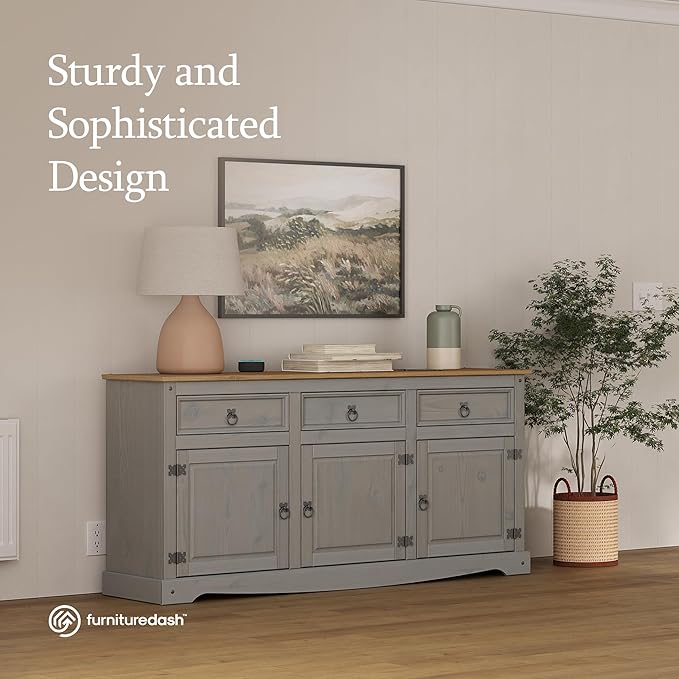 Furniture Dash Solid Wood Sideboard Buffet 65.9" W, 16.9" D, 31.6" H - Wooden Storage Cabinet, Cupboard Console Table, Ideal for Living Room, Kitchen Island, Dining Room