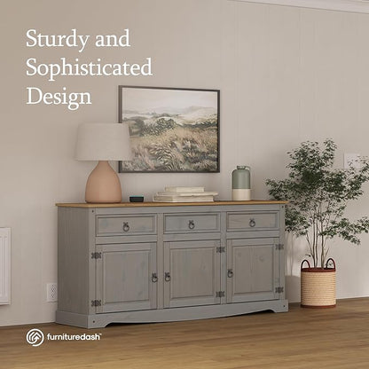Furniture Dash Solid Wood Sideboard Buffet 65.9" W, 16.9" D, 31.6" H - Wooden Storage Cabinet, Cupboard Console Table, Ideal for Living Room, Kitchen Island, Dining Room