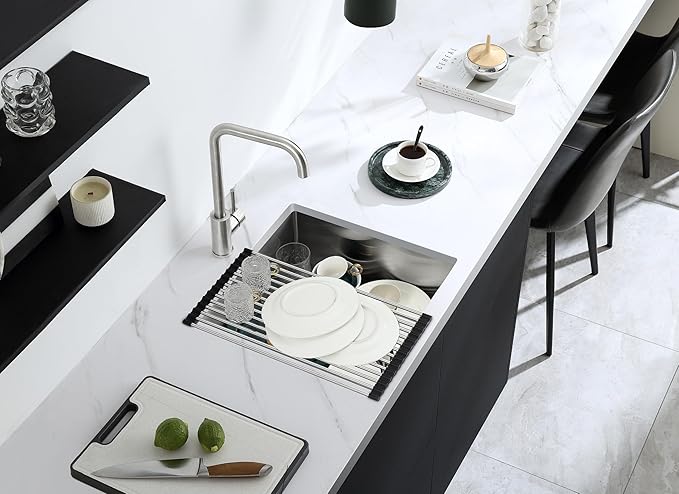 MENATT 18x18 Inch Undermount Kitchen Sink, 18 Gauge 304 Stainless Steel Single Bowl with Roll-up Drying Rack & Bottom Grid Mat, 9" Deep Compact Sink for Bar, Prep Station, Laundry Room