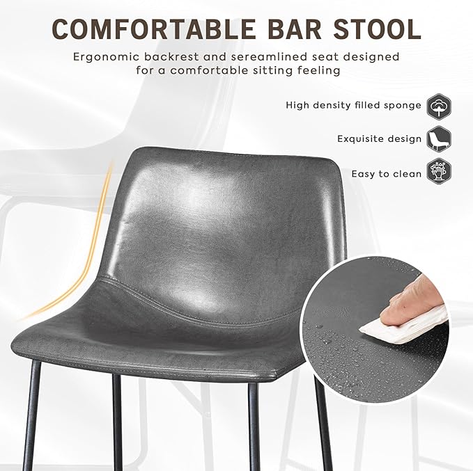 LEMBERI 26 inch Bar Stools Set of 2, Modern Counter Height Bar Stools, Faux Leather Barstool with Back and Metal Leg, Armless Bar Chairs for Kitchen Island (Grey, 2pcs 26")