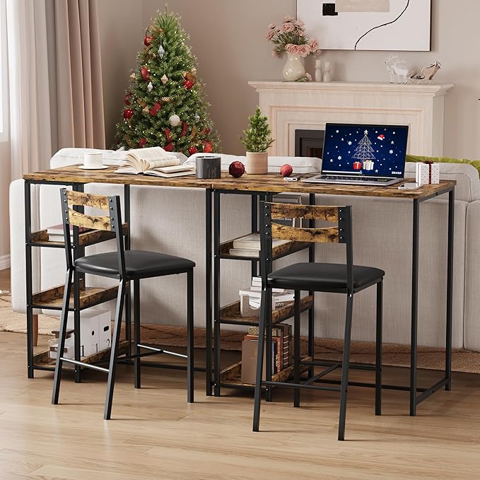 IDEALHOUSE 36" Counter Height Dining Table Set for 2 with Upholstered Bar Chairs and Storage Shelves, Space-Saving Kitchen Table for Small Space, Apartment, Studio, Rustic Brown