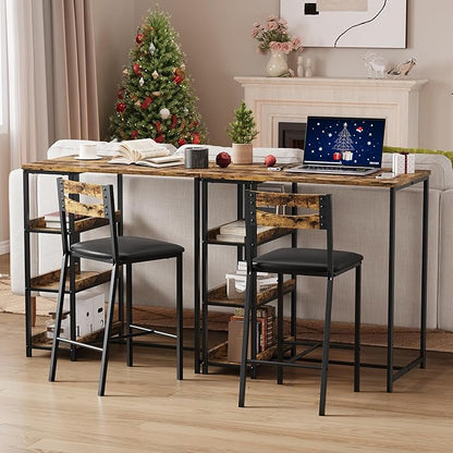 IDEALHOUSE 36" Counter Height Dining Table Set for 2 with Upholstered Bar Chairs and Storage Shelves, Space-Saving Kitchen Table for Small Space, Apartment, Studio, Rustic Brown