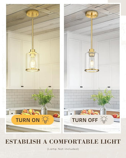 Beionxii Brushed Gold Pendant Lights Kitchen Island, Modern Kitchen Pendant Lighting Over Island, Hanging Lights with Clear Glass for Sink, Dining Room, Entryway, BX-PL02BG-CG (Only 1-Pack)