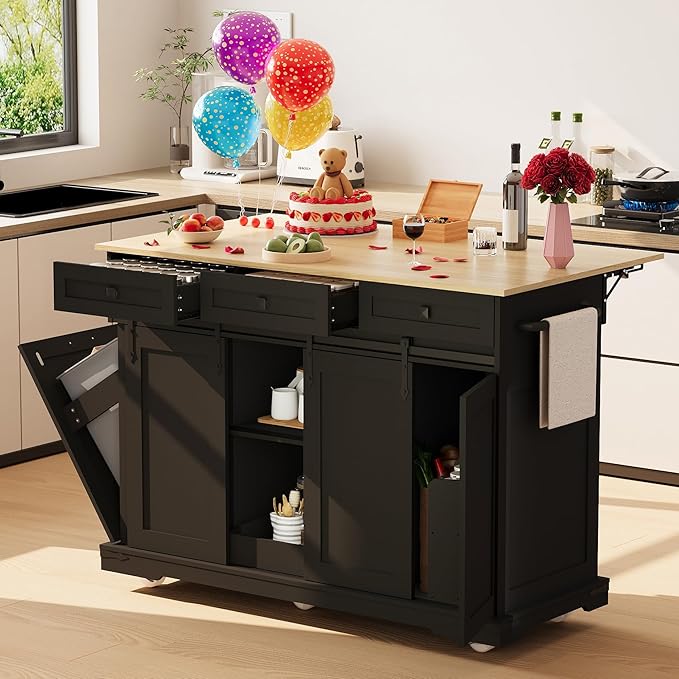 Large Rolling Kitchen Island with Power Outlet, Mobile Kitchen Cart on Wheels with Drop Leaf, 3 Drawers, Trash Can Storage, Spice Rack, Towel Holder, Kitchen Island Table for Dining Room, Home, Black