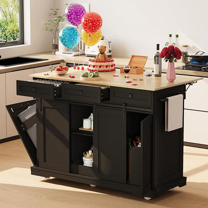 Large Rolling Kitchen Island with Power Outlet, Mobile Kitchen Cart on Wheels with Drop Leaf, 3 Drawers, Trash Can Storage, Spice Rack, Towel Holder, Kitchen Island Table for Dining Room, Home, Black