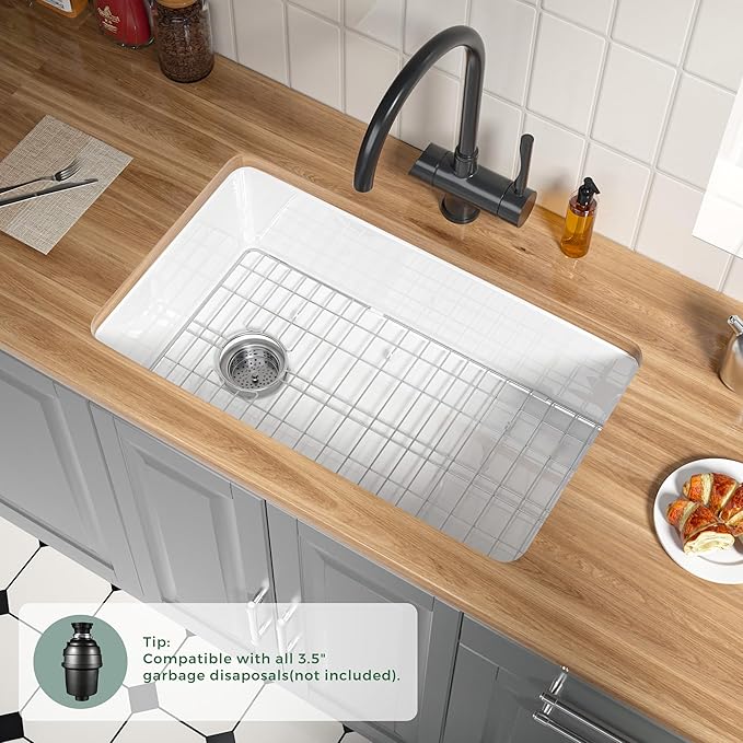 Offset Drain White Fireclay Undermount Kitchen Sink 32 Inch, Large Topmount White Undermount Sink 32''x19''x10'' Drop In, Deep Single Bowl Heavy Duty, Dual Mount, for Kitchen, Island