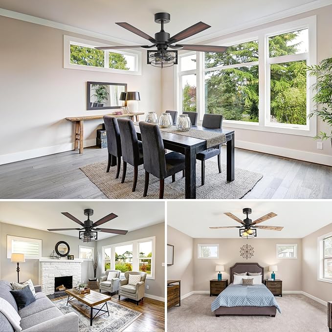 Consciot 52 Inch Ceiling Fans With Lights Remote, Modern Farmhouse Caged Ceiling Fan, Reversible Motor, 5 Double Finish Wood Blades, Rustic Ceiling Fan For Porch, Living Rooms, Bedroom, Hunter Black