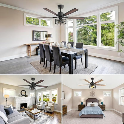 Consciot 52 Inch Ceiling Fans With Lights Remote, Modern Farmhouse Caged Ceiling Fan, Reversible Motor, 5 Double Finish Wood Blades, Rustic Ceiling Fan For Porch, Living Rooms, Bedroom, Hunter Black