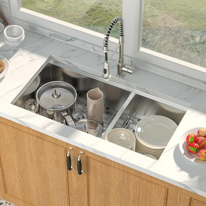 36 Inch Double Bowl Kitchen Sink - Mocoloo 36 x 19 Undermount Kitchen Sinks Workstation 16 Gauge Stainless Steel 60/40 Double Sink Handmade with 2 Compartment Sinks