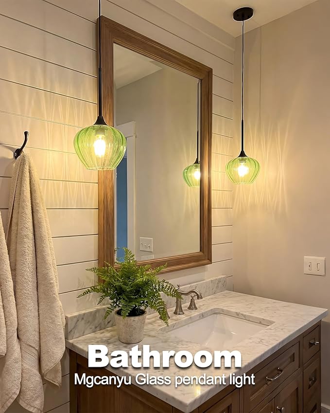 Green Pendant Lights Kitchen Island, 7" Vintage Glass Pendant Lighting Samll Adjustable Hanging Light Fixtures for Kitchen, Dining Room, Sink, Bathroom