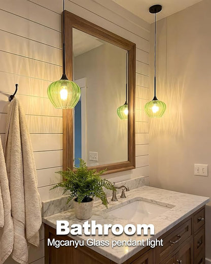 Green Pendant Lights Kitchen Island, 7" Vintage Glass Pendant Lighting Samll Adjustable Hanging Light Fixtures for Kitchen, Dining Room, Sink, Bathroom