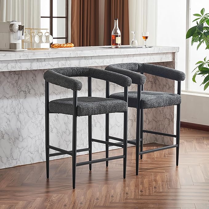 Modern Upholstered Bar Stools Set of 2, Boucle Fabric Counter Height Chairs with Metal e Armrests, Kitchen Island Bar Chairs for Home, Dining Room, Cafe,Dark Grey