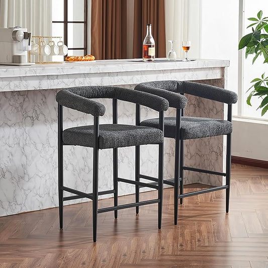 Modern Upholstered Bar Stools Set of 2, Boucle Fabric Counter Height Chairs with Metal e Armrests, Kitchen Island Bar Chairs for Home, Dining Room, Cafe,Dark Grey