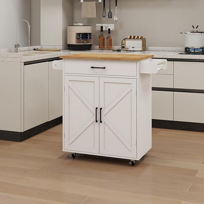 Modern Dining Table Kitchen Island Rolling Trolley Cart with Shelves, Drawer, Doors, Towel Rack & Seasoning Rack - Rubber Wood Table Top for Dining Room,White-MDF-2