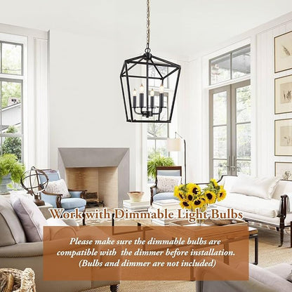 Farmhouse Chandelier 4-Light, Black & Gold Pendant Light Fixture for Kitchen Island Dining Room, Lantern Industrial Lighting Ceiling Hanging with Metal Cage Adjustable Height for Entryway Foyer