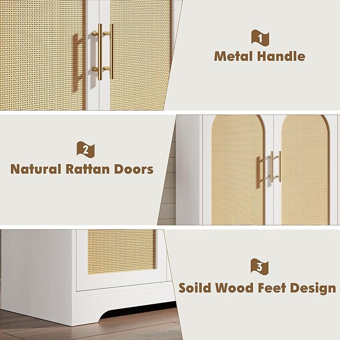 GarveeHome Sideboard Buffet Cabinet - Credenza Storage with 2 Rattan Doors and Shelves, Modern Console Table Accent Coffee Bar Cabinet for Living Room, Kitchen, Hallway, Dining Room, Entryway, White