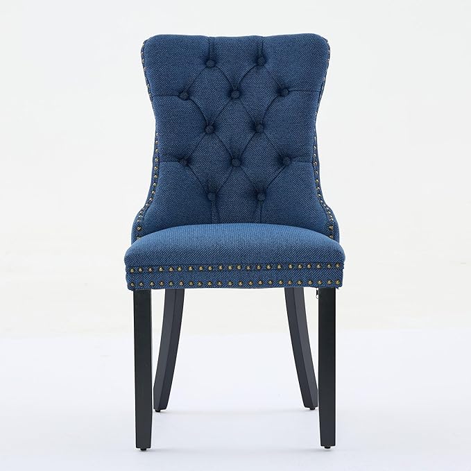 Ball & Cast Contemporary Upholstered Dining Chairs Set of 2, Flax Button Tufted Kitchen Side-Chairs with Hang Ring & Nailhead Trims & Wood Legs, 2-Piece Backrest Traditional Chair, Black+Blue